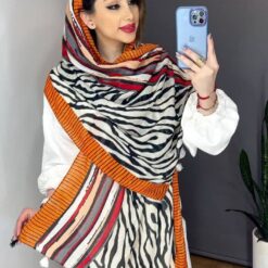 شال نخی زنانه عیدانه مشکی طرحدار حاشیه نارنجی ارسال رایگان کد lo1421