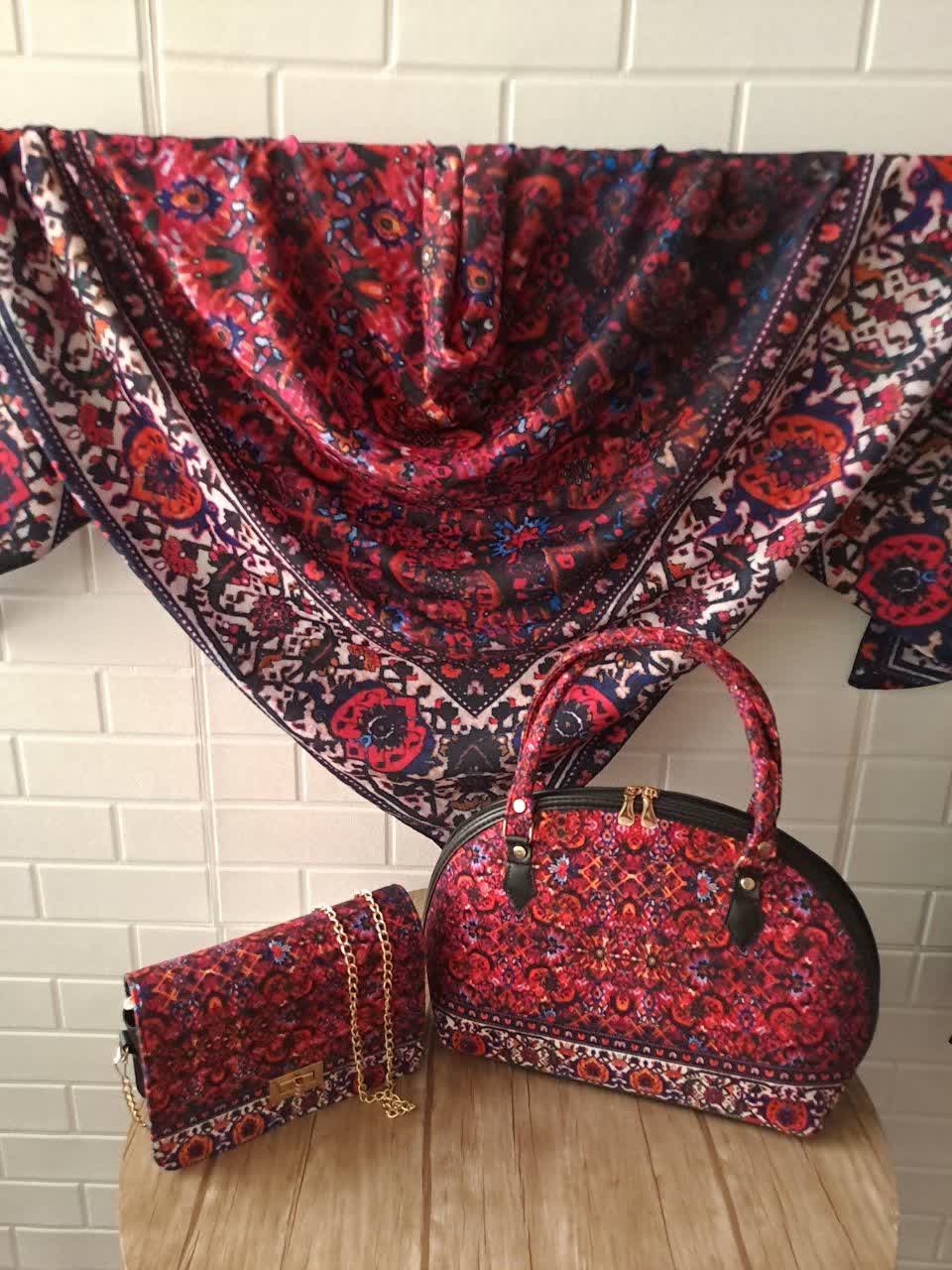 ست کیف و روسری زنانه با کیف نیمگرد طرح سنتی رنگ قرمز ارسال رایگان کد na1402