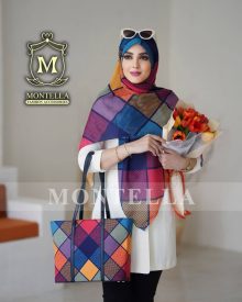 ست کیف و روسری زنانه باکیفیت طرح بافت هفت رنگ با کیف مستطیلی بزرگ ارسال رایگان کد mo243