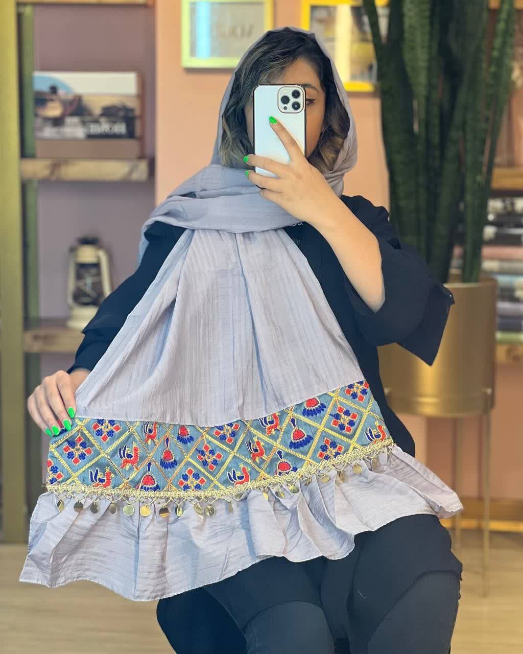 شال زنانه مجلسی نخی دلتا جدید زیبا رنگ طوسی طرح تکه دوزی با ارسال رایگان کد lo292