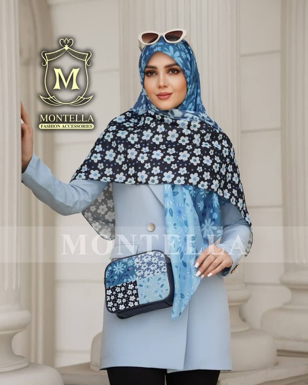 ست کیف و روسری زنانه باکیفیت طرح گل بابونه رنگ آبی با کیف کوچک با ارسال رایگان کد mo268