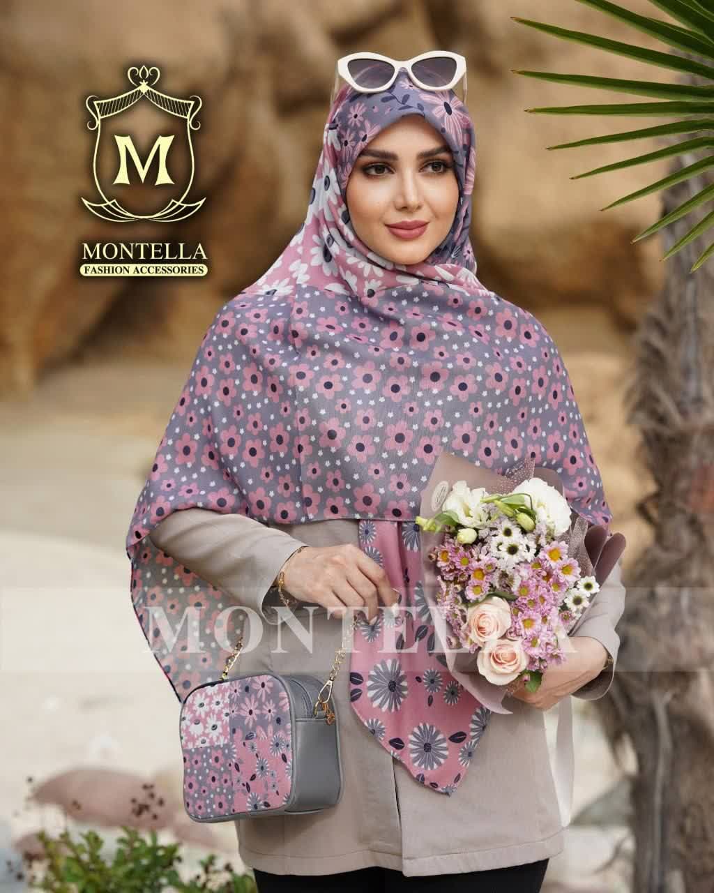 ست کیف و روسری زنانه باکیفیت طرح گل بابونه رنگ طوسی صورتی با کیف کوچک ارسال رایگان کد mo263