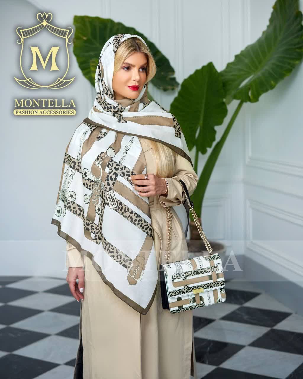 ست کیف و روسری و شال زنانه باکیفیت رنگ کرمی طرح زنجیری و پلنگی با کیف پاسپورتی دسته زنجیری ارسال رایگان کد mo295