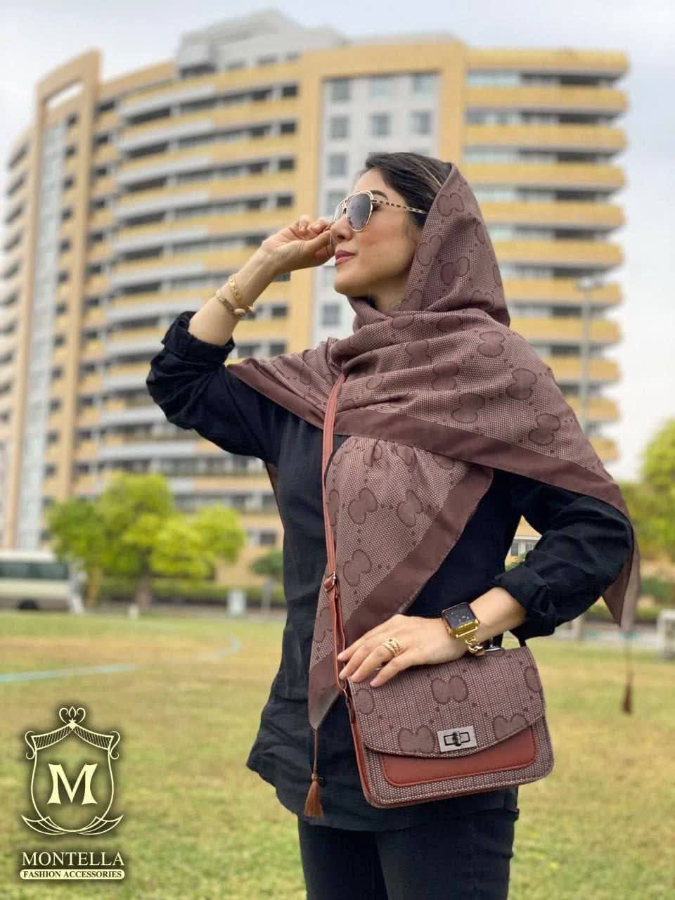 ست کیف و روسری زنانه طرح سی سی رنگ قهوه ای با کیف دسته چرمی کیفیت عالی با ارسال رایگان کد mo417