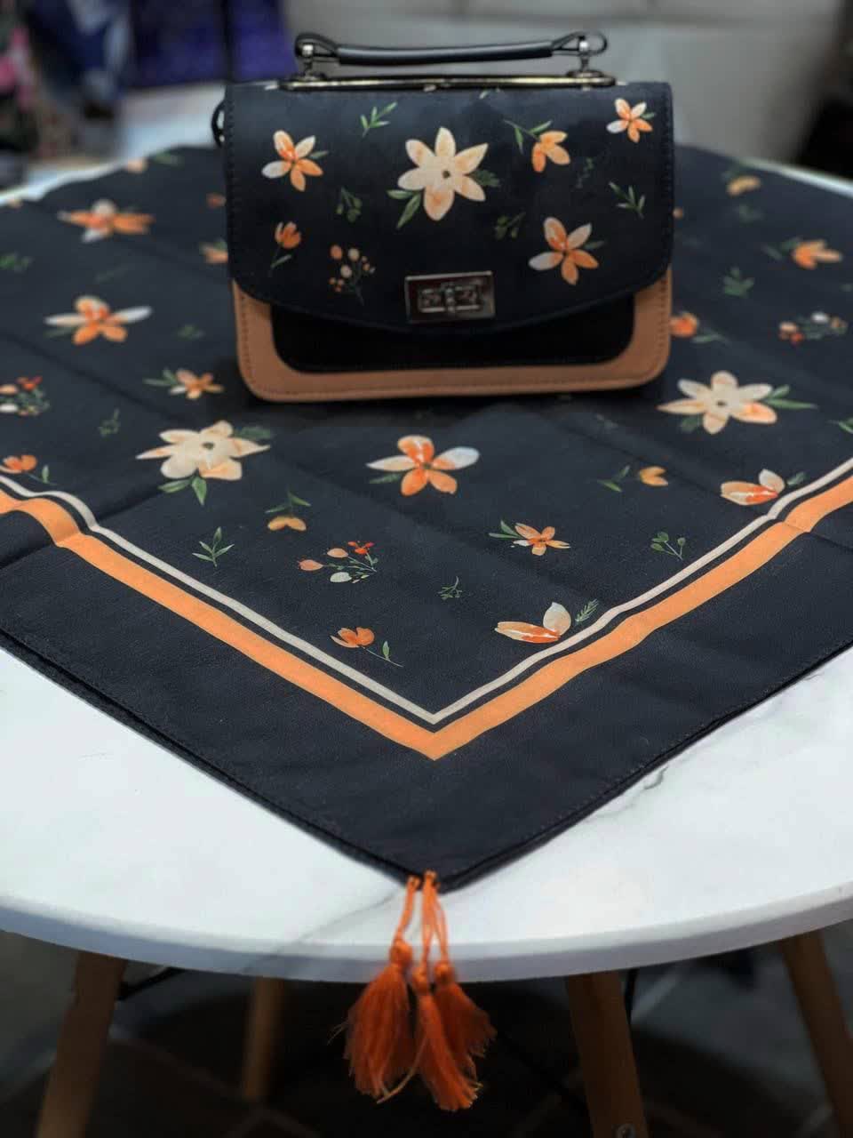 ست کیف و روسری زنانه طرح فلاور رنگ مشکی با گل های نارنجی با کیف دسته چرمی کیفیت عالی با ارسال رایگان کد mo415