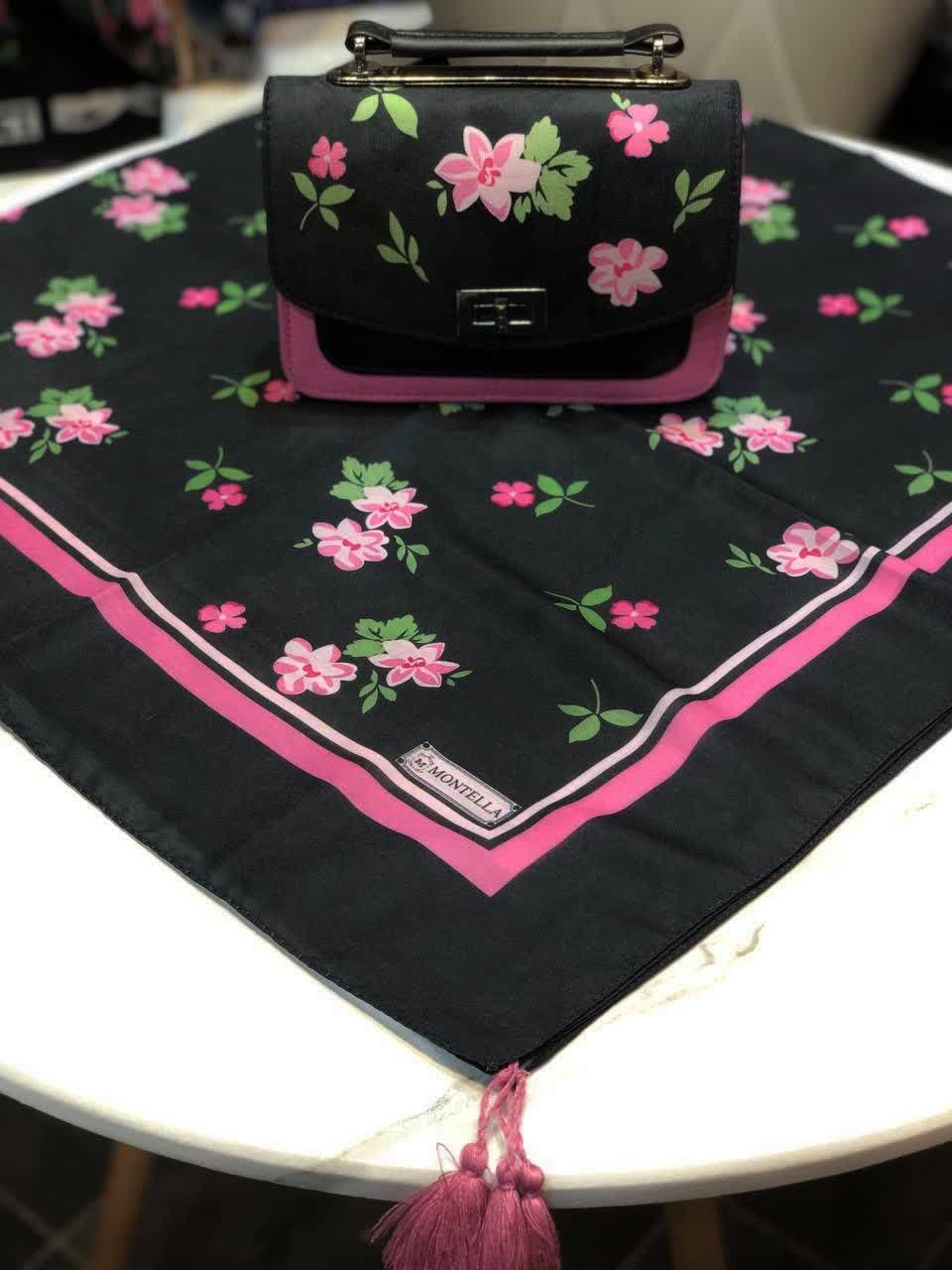ست کیف و روسری زنانه طرح فلاور رنگ مشکی با گل های صورتی با کیف دسته چرمی کیفیت عالی با ارسال رایگان کد mo412