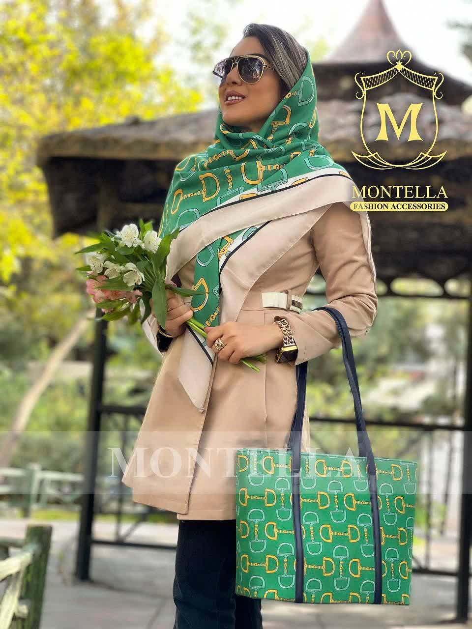 ست کیف و روسری و زنانه باکیفیت طرح گلدار مدل نلین سبز با کیف مستطیلی بزرگ و ارسال رایگان کد mo434