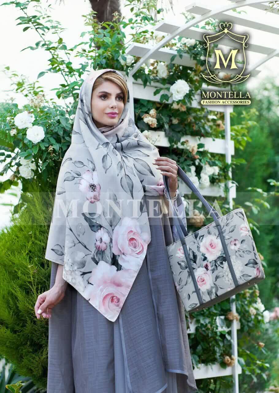 ست کیف و روسری و شال زنانه باکیفیت مدل گل رز رنگ طوسی صورتی با کیف مستطیلی بزرگ روسری نخی و ارسال رایگان کد mo489