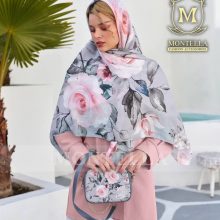 ست کیف و روسری زنانه طرح گل رز رنگ طوسی صورتی با کیف کوچک کیفیت عالی با ارسال رایگان کد mo490