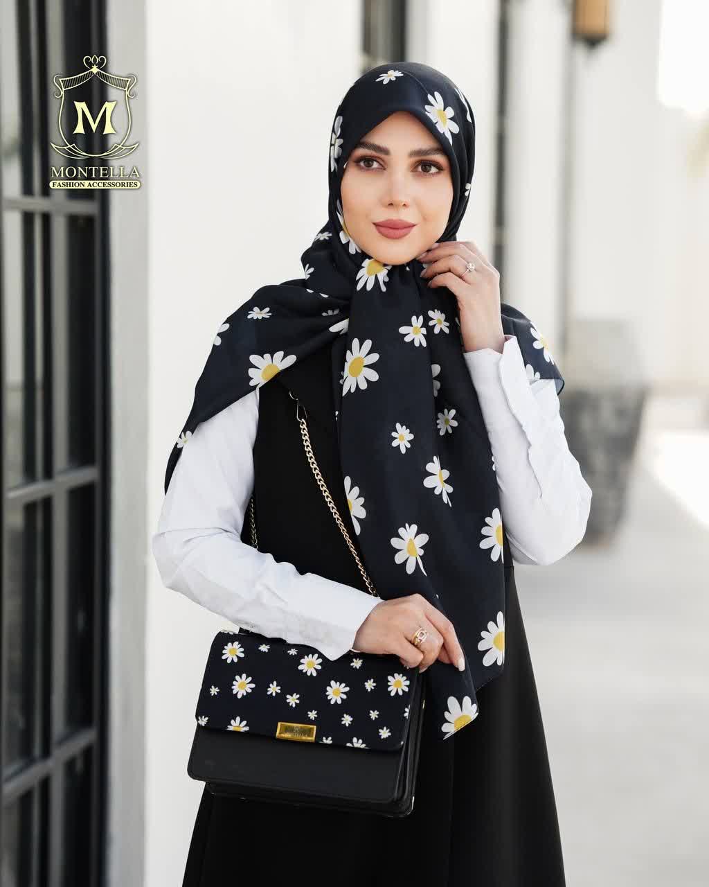 ست کیف و روسری و شال زنانه باکیفیت طرح گل بابونه رنگ مشکی با کیف پاسپورتی دسته زنجیری با ارسال رایگان کد mo485