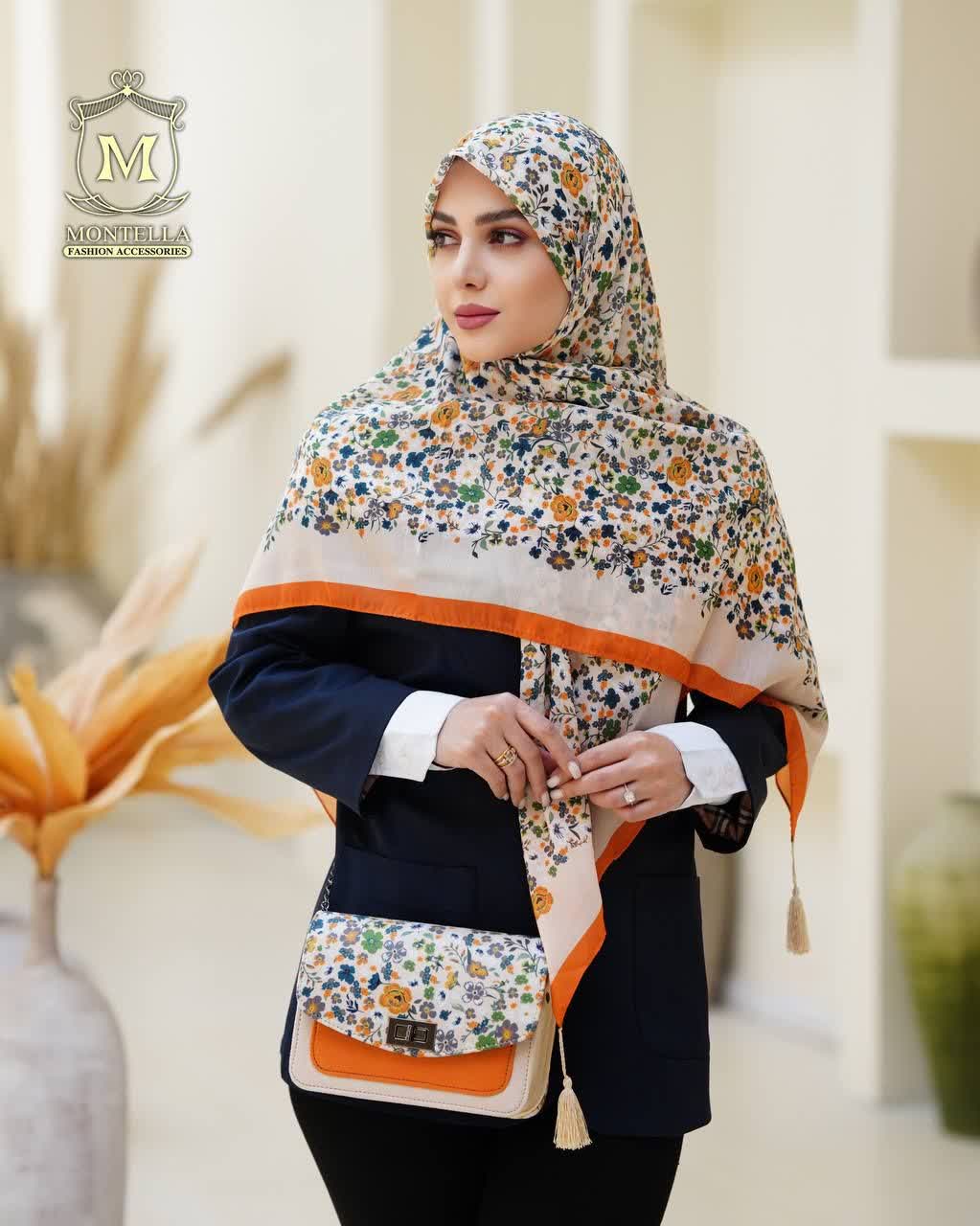 ست کیف و روسری زنانه طرح گل ریز رنگ کرم برند مونتلا با کیف دسته چرمی کیفیت عالی با ارسال رایگان کد mo516