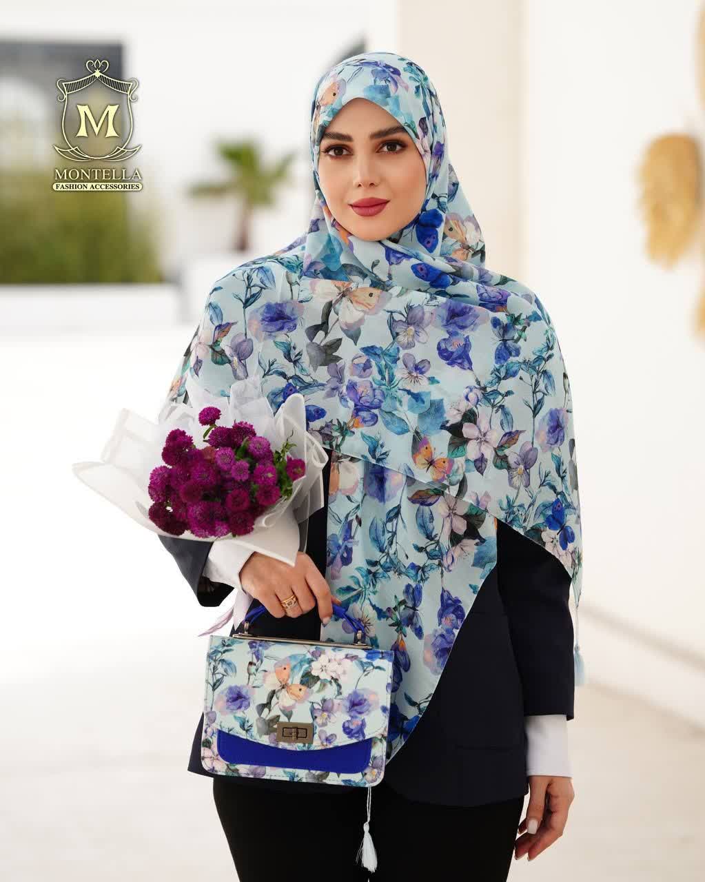 ست کیف و روسری زنانه طرح گل سیمارو برند مونتلا رنگ آبی با کیف دسته چرمی کیفیت عالی با ارسال رایگان کد mo507