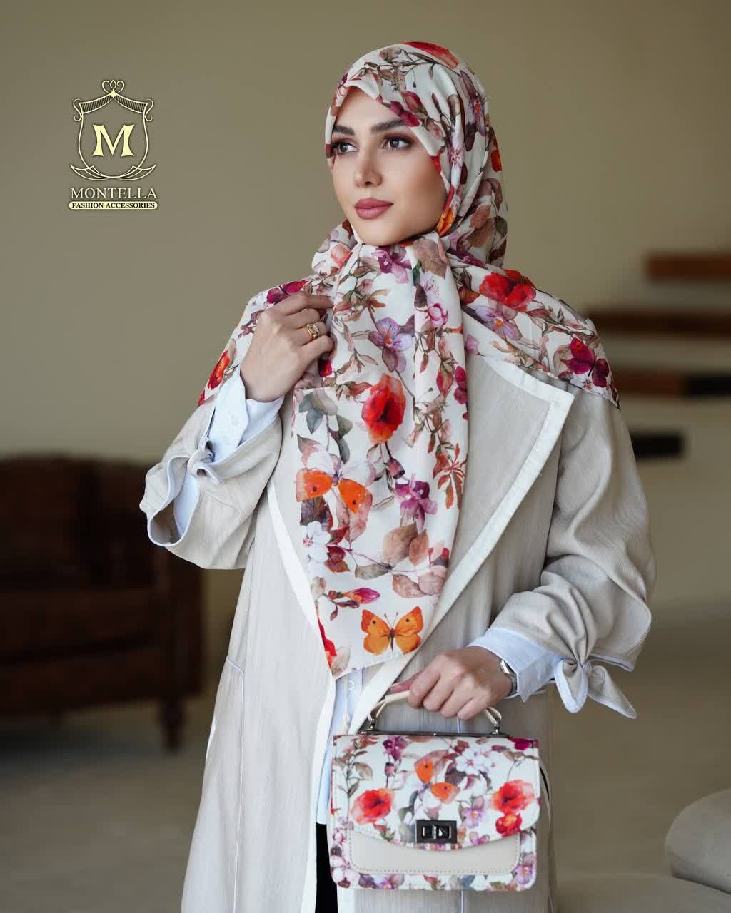 ست کیف و روسری زنانه طرح گل سیمارو برند مونتلا رنگ کرم با کیف دسته چرمی کیفیت عالی با ارسال رایگان کد mo508