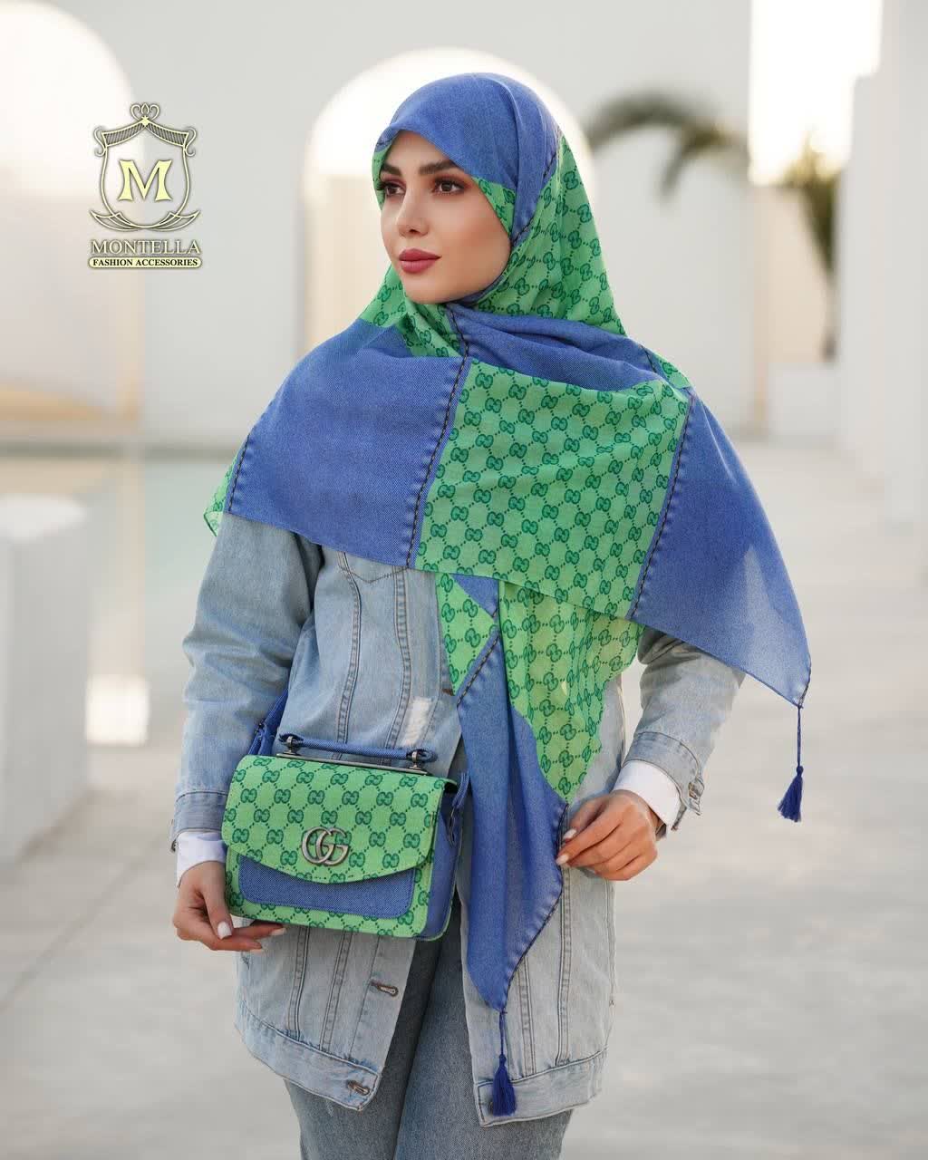 ست کیف و روسری زنانه طرح گوچی رنگ جین سبز با کیف دسته چرمی کیفیت عالی با ارسال رایگان کد mo494
