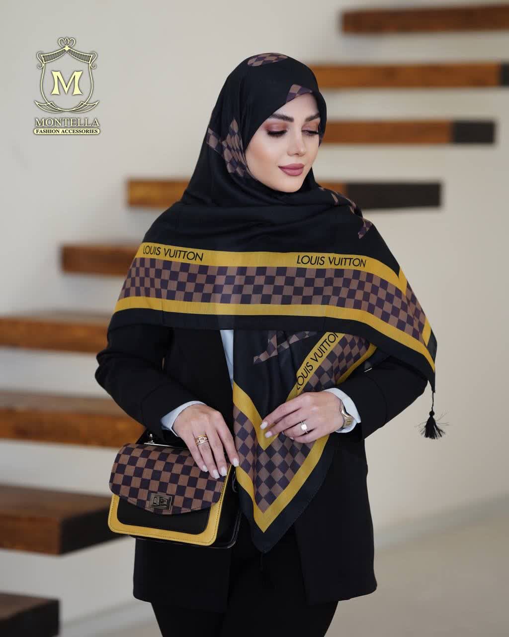 ست کیف و روسری زنانه طرح ال وی چهارخانه رنگ مشکی با کیف دسته چرمی کیفیت عالی با ارسال رایگان کد mo498