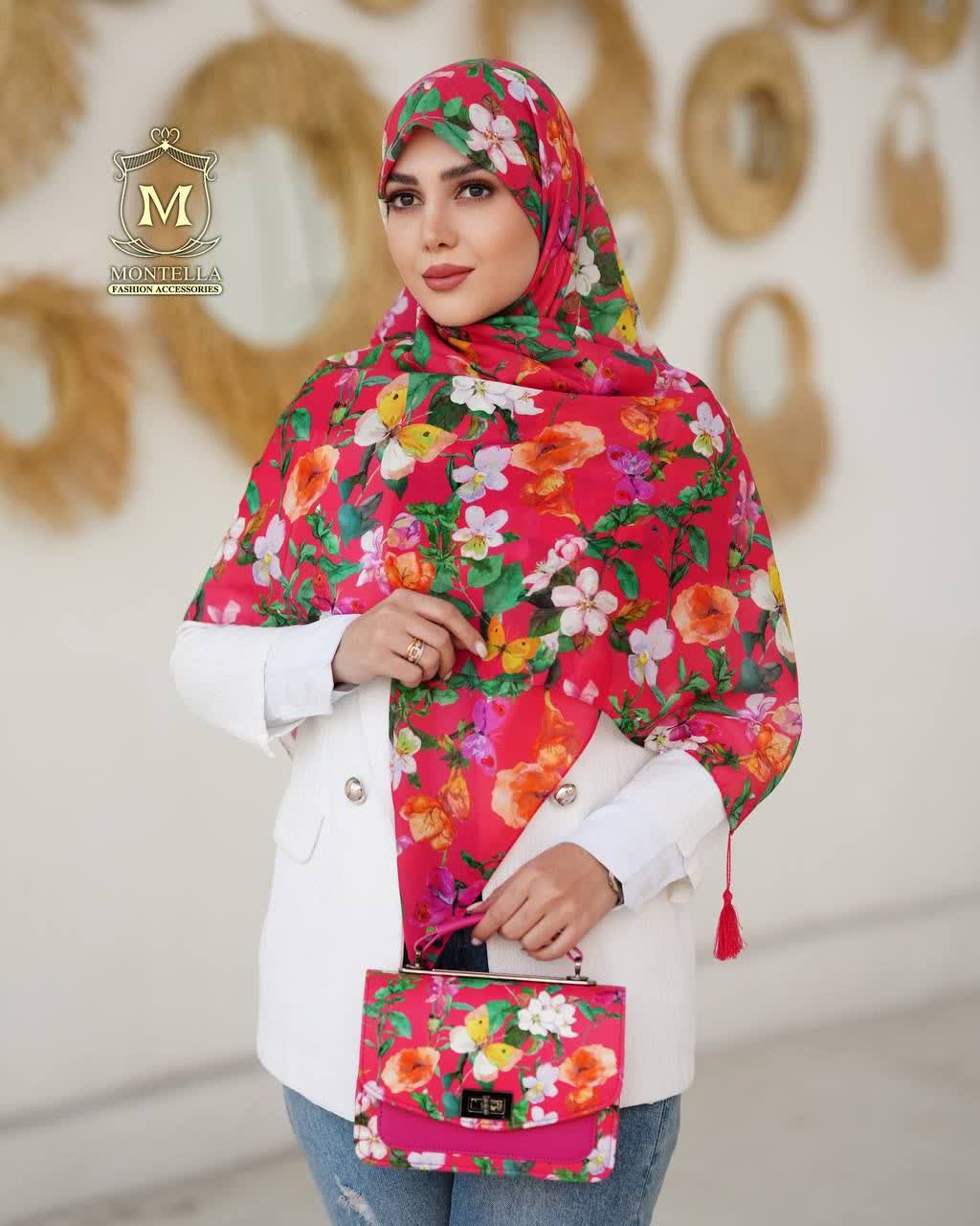 ست کیف و روسری زنانه طرح گل سیمارو برند مونتلا با کیف دسته چرمی کیفیت عالی با ارسال رایگان کد mo503