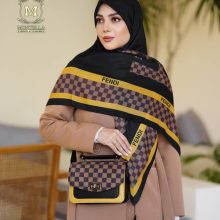 ست کیف و روسری زنانه طرح فندی چهارخانه رنگ مشکی با کیف دسته چرمی کیفیت عالی با ارسال رایگان کد mo499