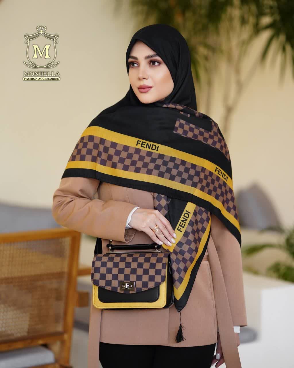 ست کیف و روسری زنانه طرح فندی چهارخانه رنگ مشکی با کیف دسته چرمی کیفیت عالی با ارسال رایگان کد mo499