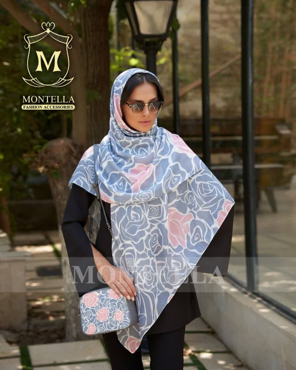ست کیف و روسری زنانه طرح رز طوسی گل صورتی با کیف کوچک کیفیت عالی با ارسال رایگان کد mo577