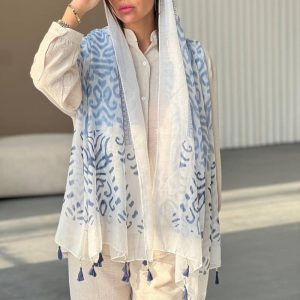 شال نخی رنگ آبی جنس وارداتی طرح سنتی   trf