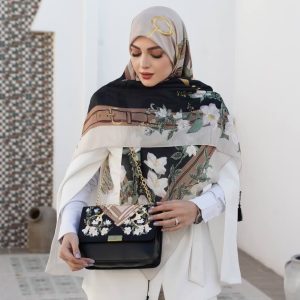 ست کیف و روسری زنانه طرح ترلان رنگ مشکی کرم جدید کیفیت عالی کد mo338