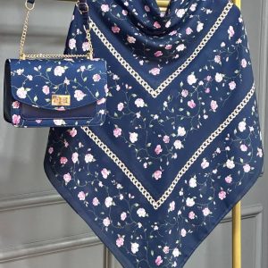 ست کیف و روسری زنانه طرح جدید گلسار رنگ سرمه ای کیفیت عالی کد mo426