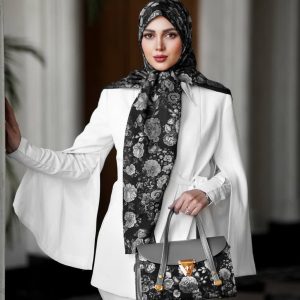 ست کیف و روسری زنانه طرح جدید رنگ مشکی طوسی گلدار کیفیت عالی کد mo447