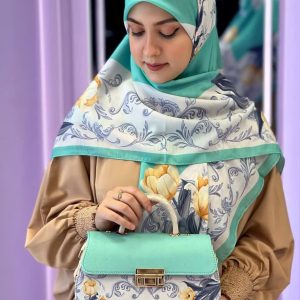 ست کیف و روسری زنانه طرح گل لاله رنگ آبی جدید کیفیت عالی کد mo727