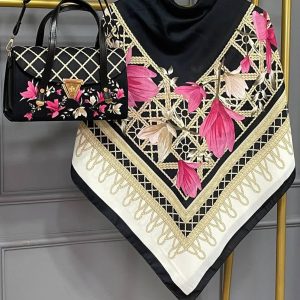 ست کیف و روسری زنانه طرح جدید لیلیوم مشکی سرخابی کیفیت عالی کد mo893