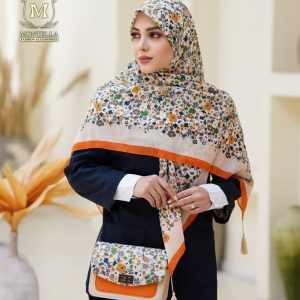 ست کیف و روسری زنانه طرح گل ریز رنگ کرم برند مونتلا با کیف دسته چرمی کیفیت عالی کد mo516
