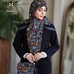 5314ست کیف و روسری زنانه طرح گل ریز رنگ مشکی برند مونتلا با کیف دسته چرمی کیفیت عالی کد mo513