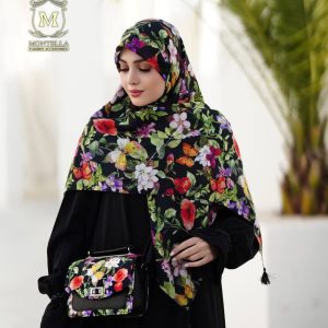 ست کیف و روسری زنانه طرح گل سیمارو برند مونتلا رنگ مشکی با کیف دسته چرمی کیفیت عالی کد mo505