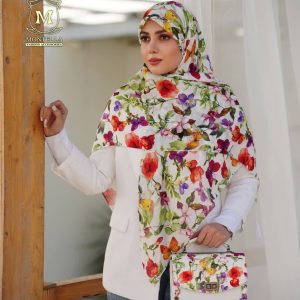 ست کیف و روسری زنانه طرح گل سیمارو برند مونتلا رنگ سفید با کیف دسته چرمی کیفیت عالی کد mo506