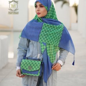 ست کیف و روسری زنانه طرح گوچی رنگ جین سبز با کیف دسته چرمی کیفیت عالی کد mo494