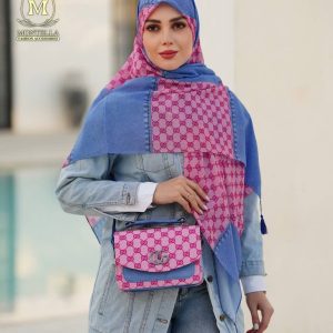 ست کیف و روسری زنانه طرح گوچی رنگ جین صورتی با کیف دسته چرمی کیفیت عالی کد mo495