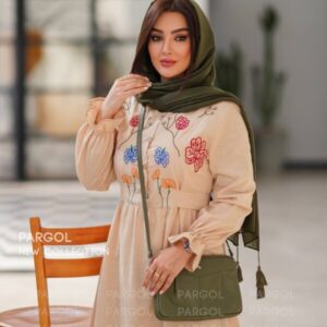 پیراهن گلدوزی شده بلند پارچه لینن اسلپ مدل نینا