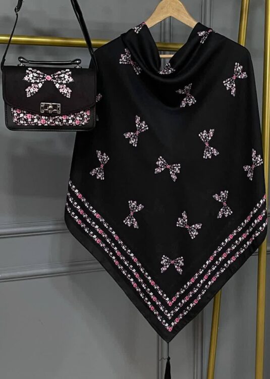 ست کیف و روسری زنانه طرح جدید رز پاپیون صورتی روسری زنانه طرح پاپیون کیفیت عالی کد mo1020